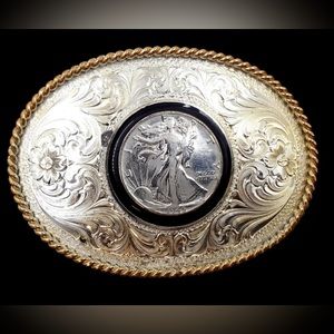 Montana Silver Plated Southwestern Belt Buckle W/ Sterling Silver 1945 US Coin